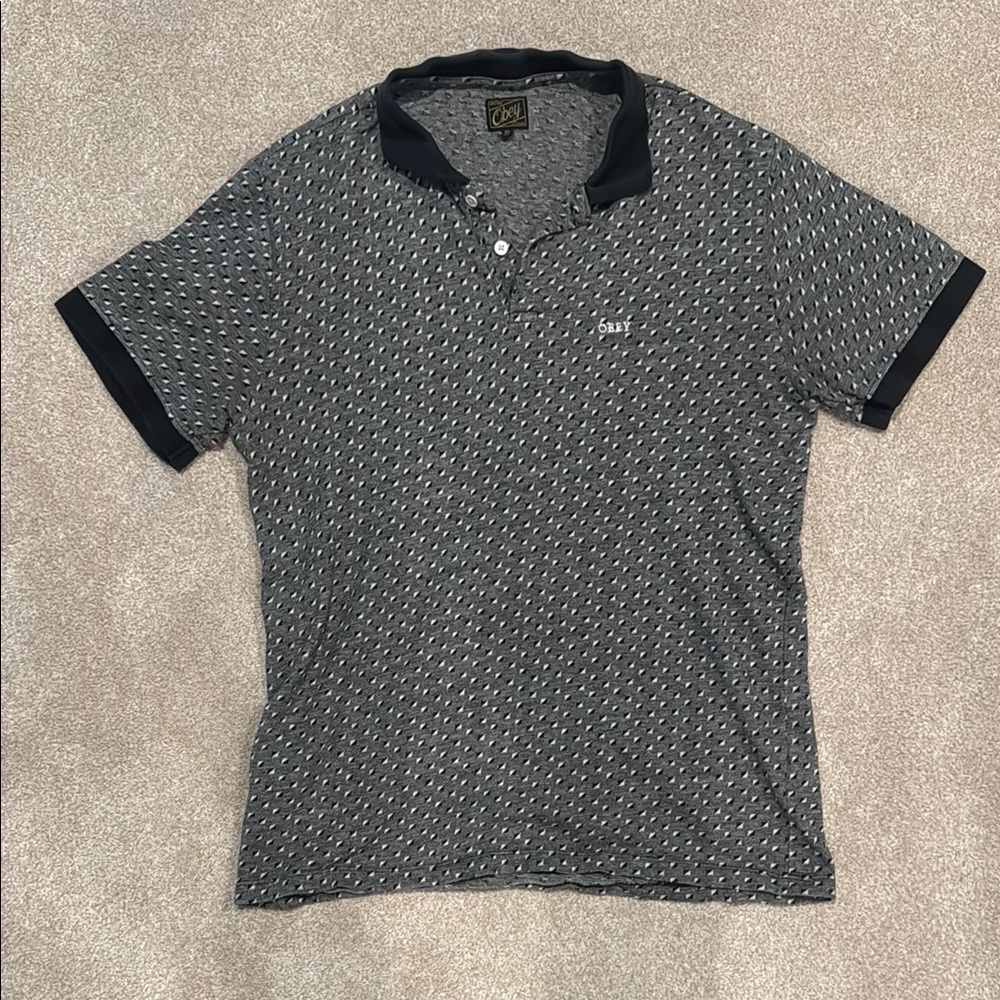 Obey Men’s Gray and Black Polo Shirt With Pattern Size Medium